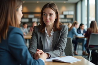 Jeune femme en blazer expliquant son choix de stage