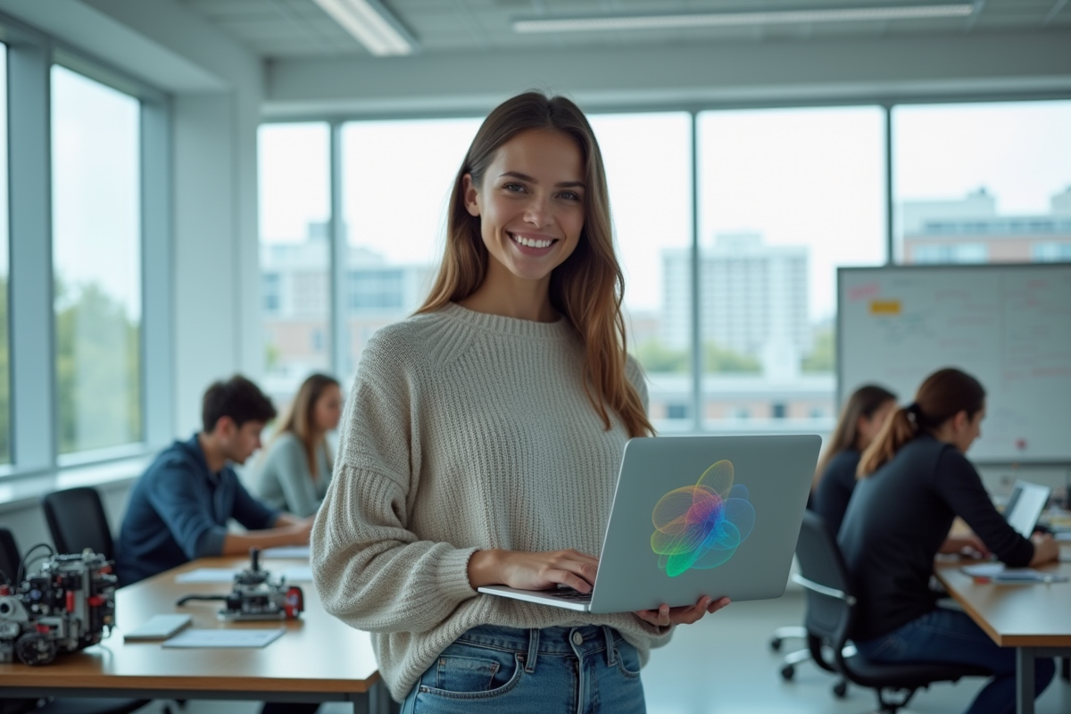 Jeune femme souriante avec un laptop dans un laboratoire universitaire