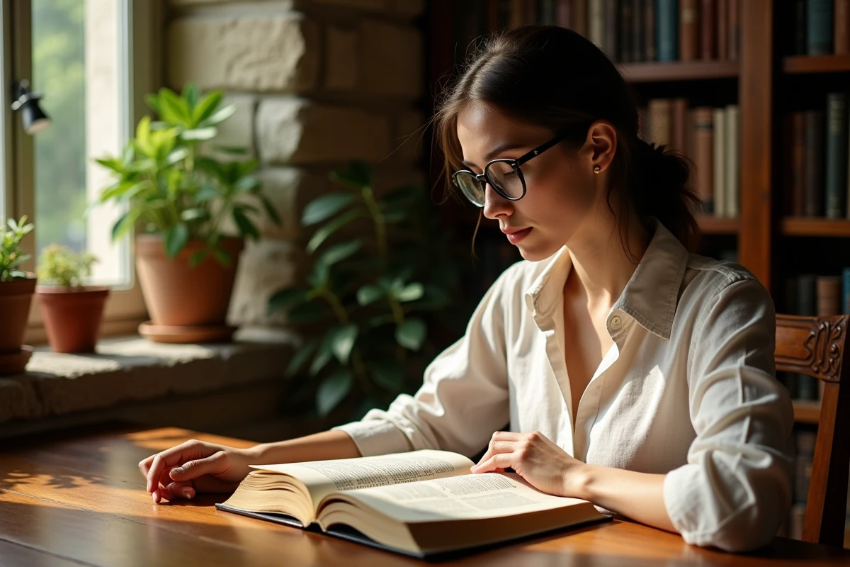 Jeune femme lisant un roman ancien dans une bibliothèque