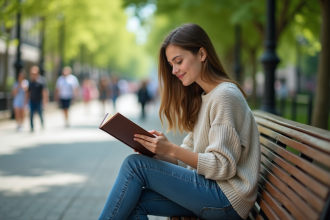 Jeune femme lisant dans un parc urbain ensoleille