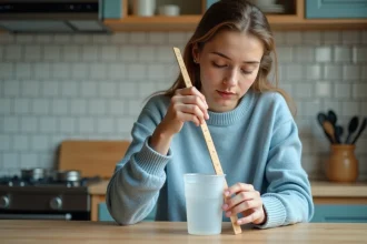 Jeune femme mesure un cylindre en plastique dans la cuisine