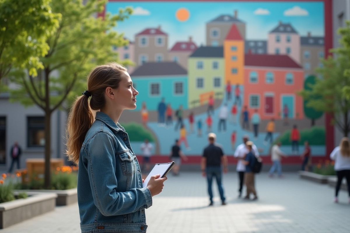 Jeune femme regardant une fresque communautaire en ville