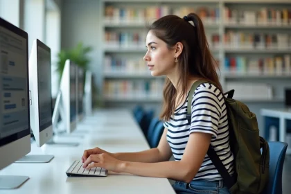 Jeune femme en jeans et chemise &agrave; rayures tapant son mot de passe &agrave; l'universit&eacute;