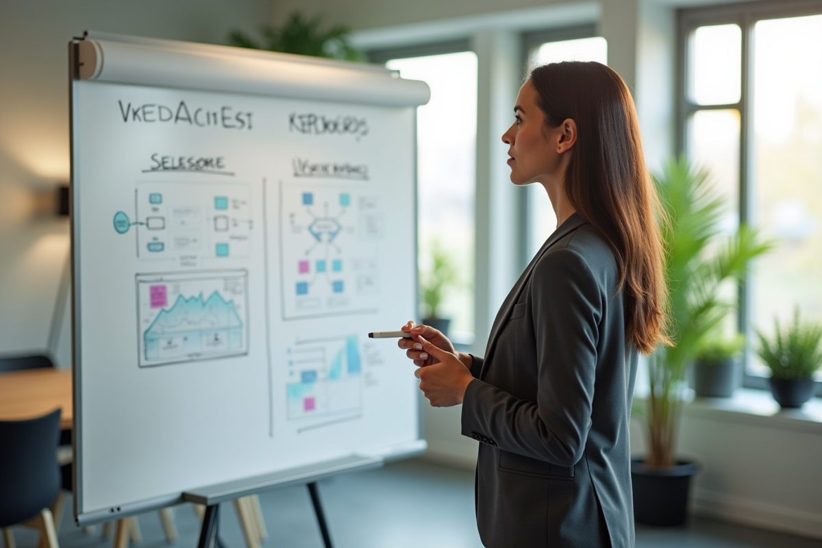 Jeune femme expliquant ses idées devant un tableau blanc