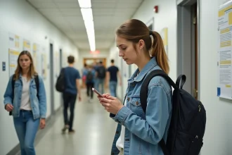 Jeune femme avec smartphone dans un couloir universitaire