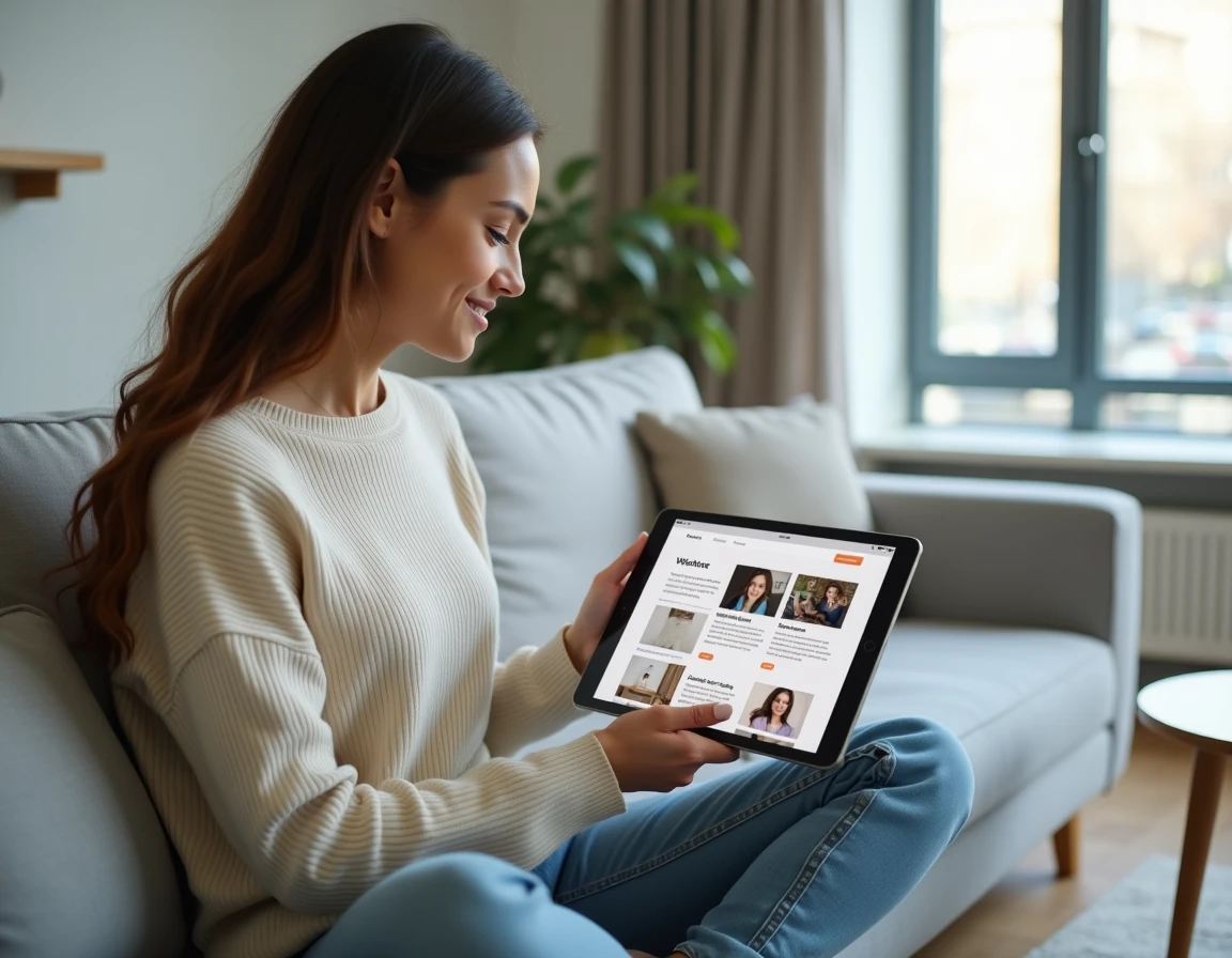 Jeune femme consultant une newsletter créée avec Canva sur sa tablette depuis son salon