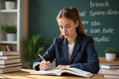 Jeune femme en &eacute;tude de fran&ccedil;ais dans une pi&egrave;ce lumineuse