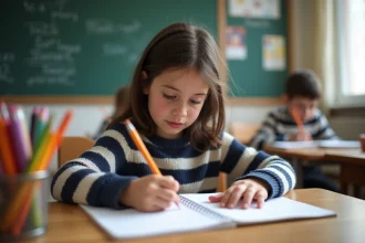 Jeune fille de dix ans écrit une dictée dans une classe lumineuse