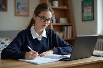 Jeune fille au lycée écrivant ses notes dans un cahier