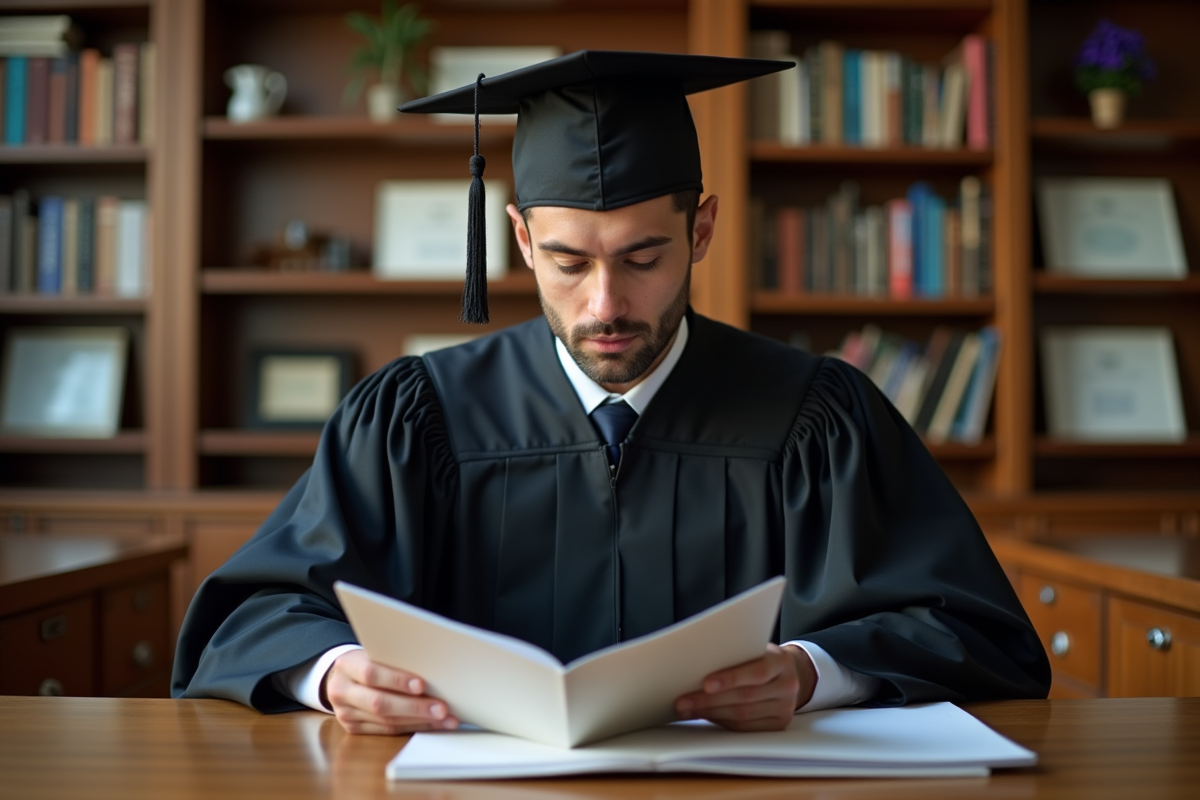 Jeune diplômé en robe académique lisant son diplôme dans un bureau