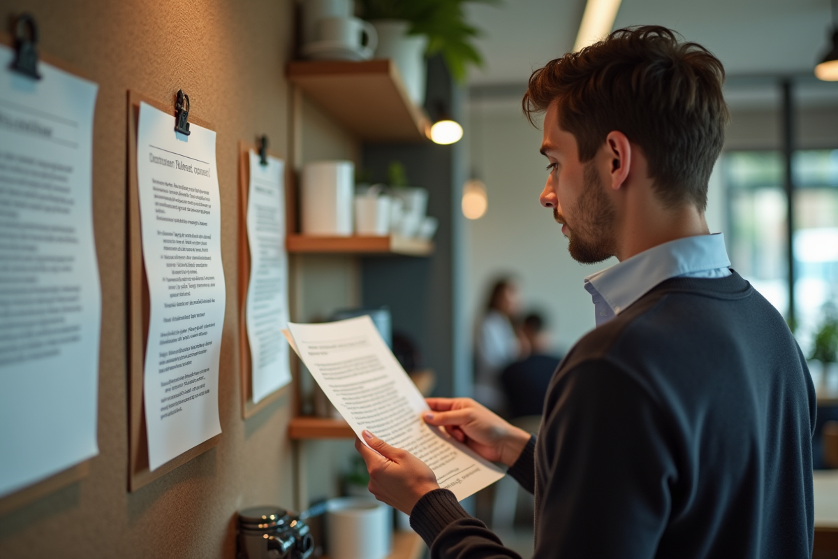 Jeune homme lisant une affiche dans une salle de pause