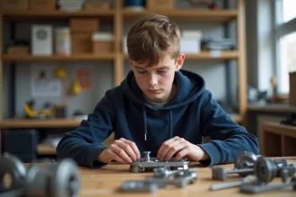 Jeune garçon de 15 ans assemble des pièces mécaniques en atelier