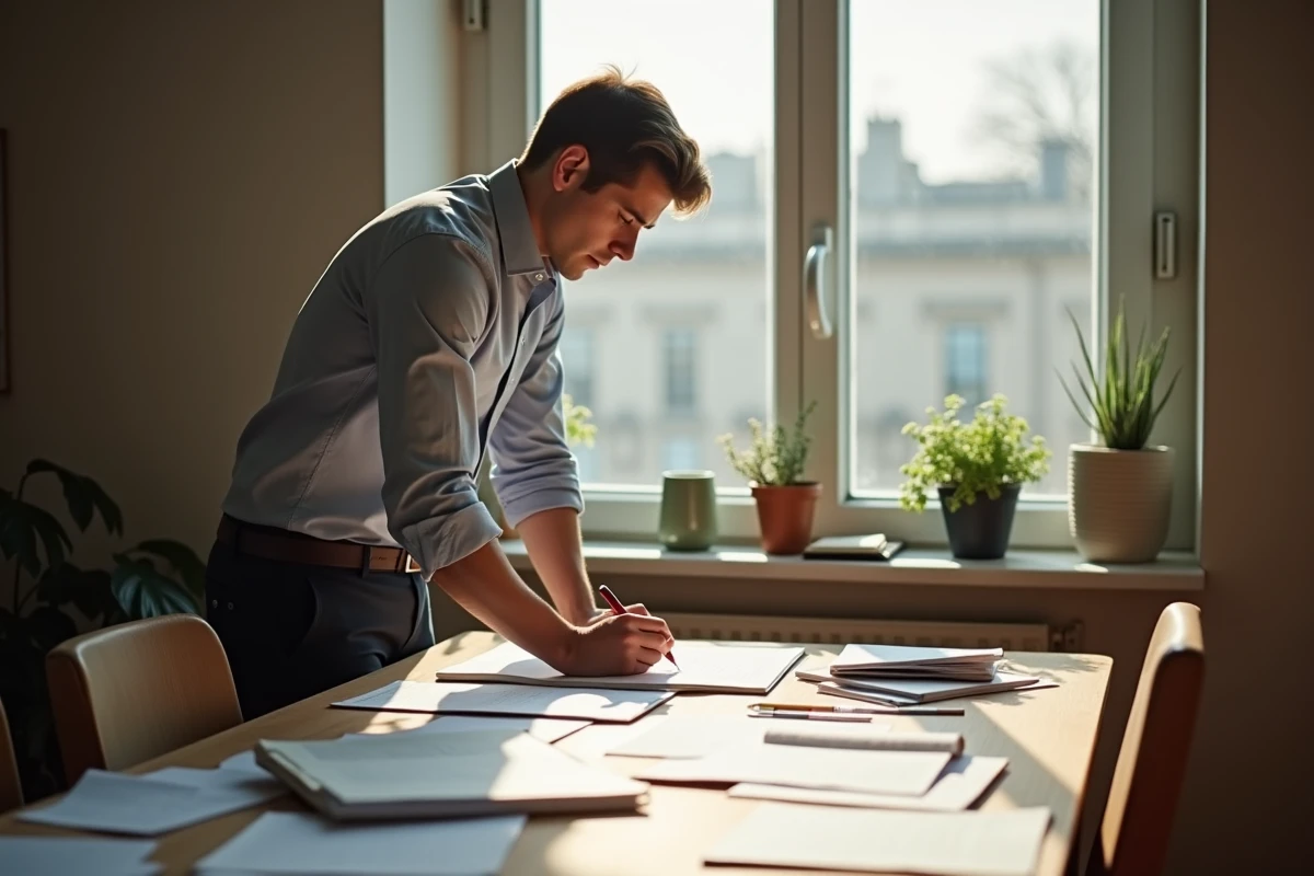 Jeune homme corrigeant un dossier dans son appartement