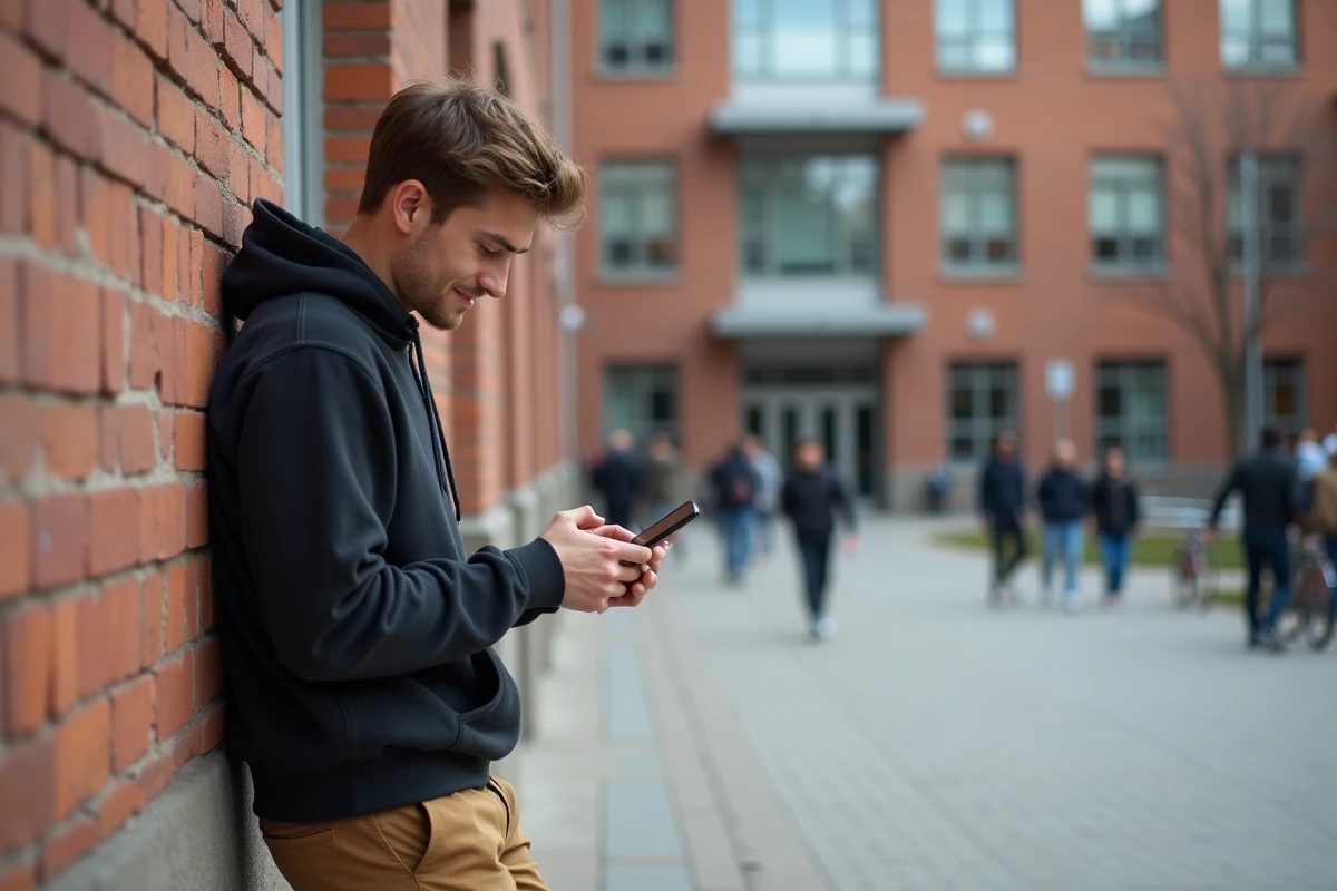 Jeune homme dehors contre un mur en briques avec smartphone