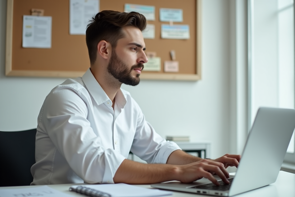 Jeune homme en chemise préparant une présentation au bureau