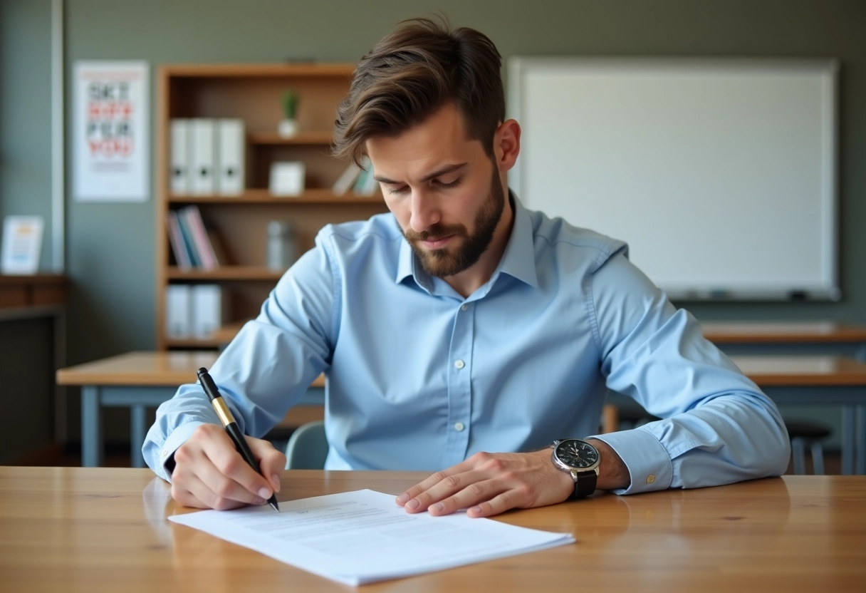 Jeune homme signant un document dans une salle de classe