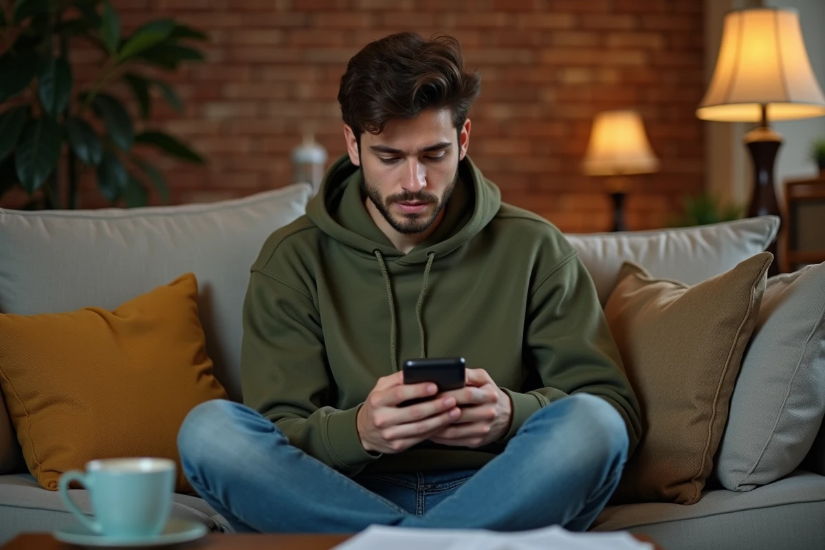 Jeune homme consultant son smartphone sur un canapé, cherchant une solution à un espace en ligne inaccessible
