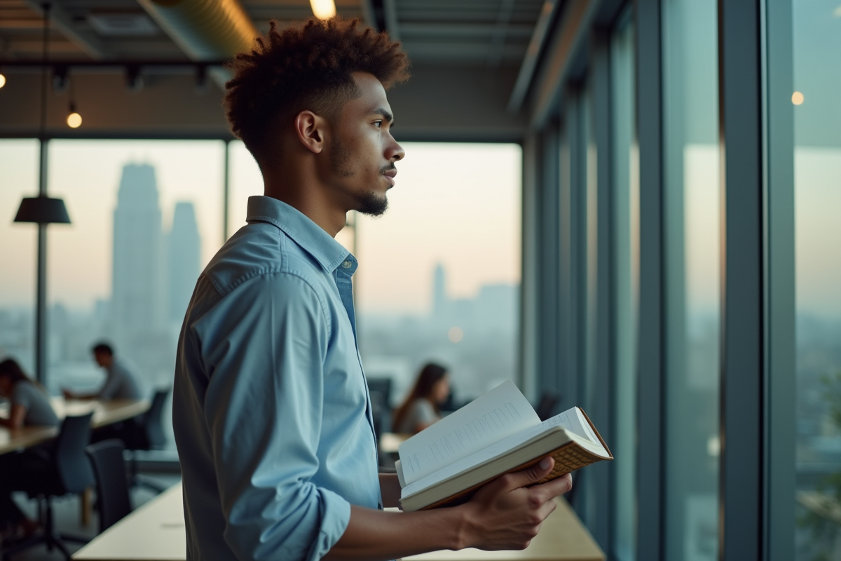 Jeune homme regardant par la fenêtre dans un espace de coworking