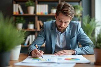 Jeune homme en réunion de travail avec plan coloré