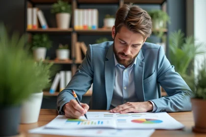 Jeune homme en r&eacute;union de travail avec plan color&eacute;