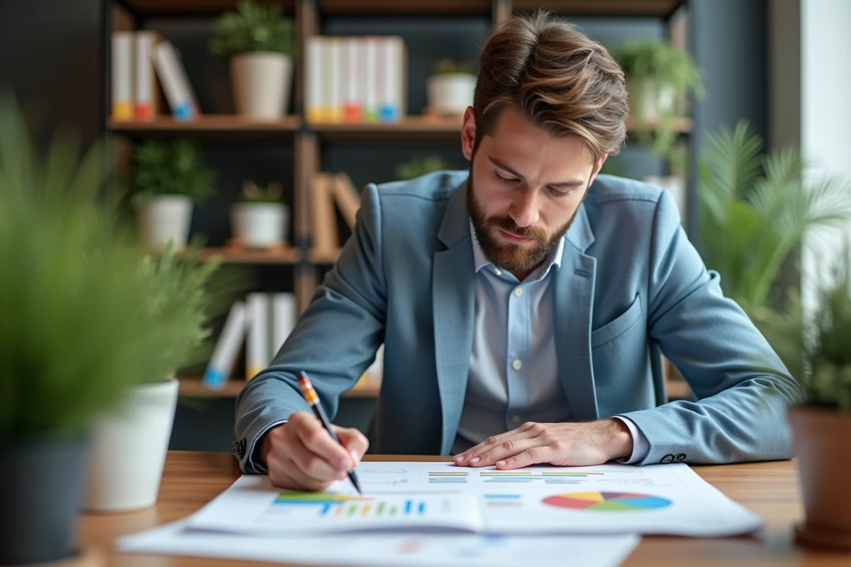 Jeune homme en réunion de travail avec plan coloré