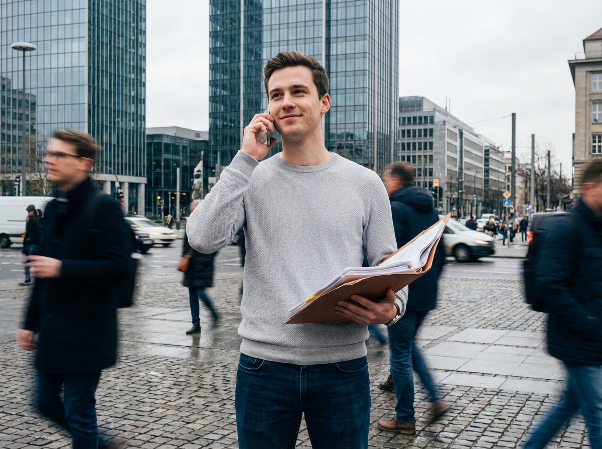 Jeune homme dans la ville parlant au téléphone avec dossier