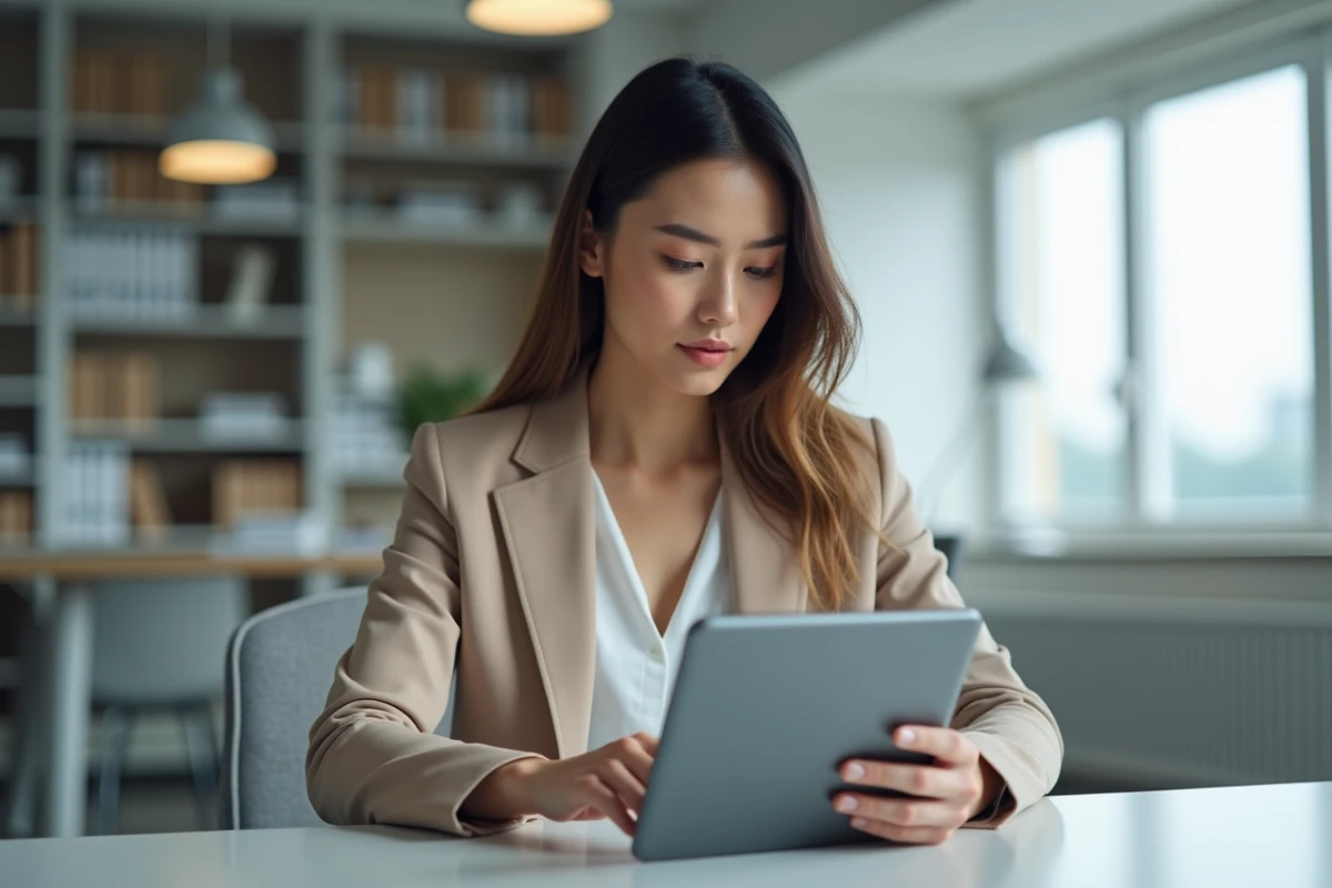 Jeune femme gestionnaire concentrée sur sa tablette au bureau