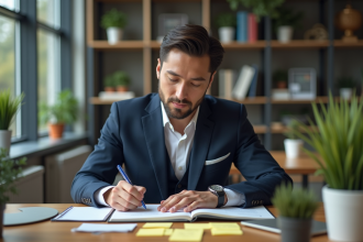 Jeune homme en costume dans un bureau moderne organisé