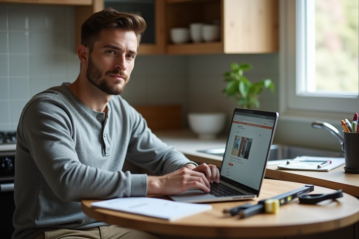 Jeune propriétaire consultant un tutoriel de bricolage en ligne sur ordinateur portable dans sa cuisine avec des outils