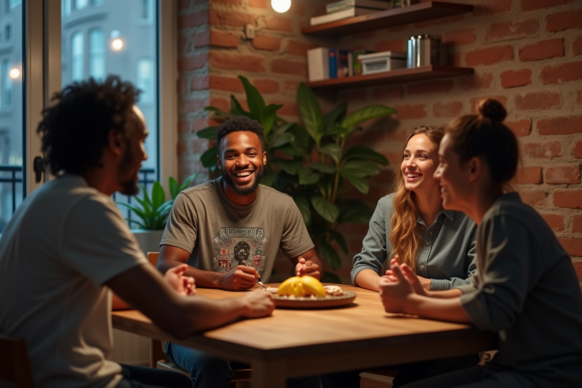 Jeune homme noir en discussion avec amis à table