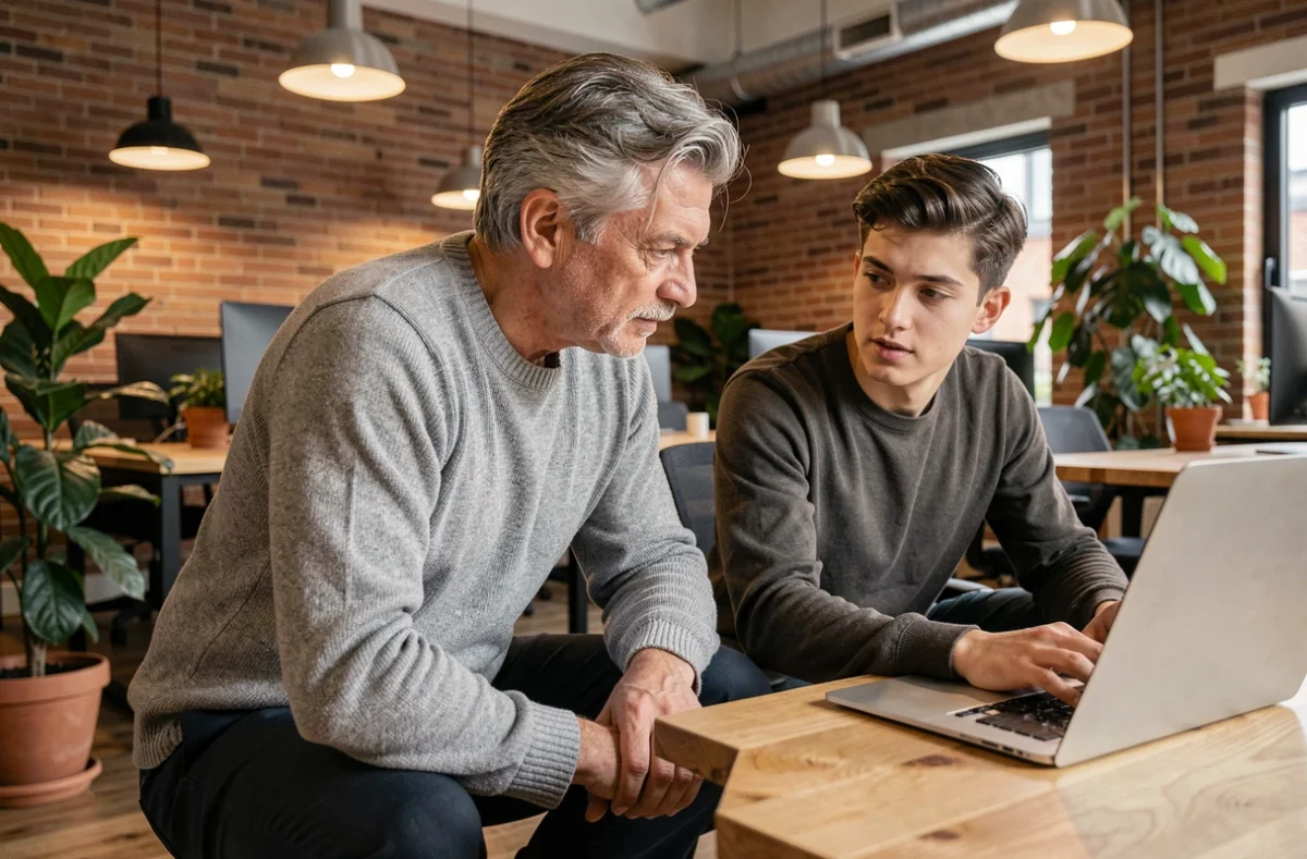 Leader expérimenté accompagnant un jeune collaborateur dans un bureau moderne en mode coaching