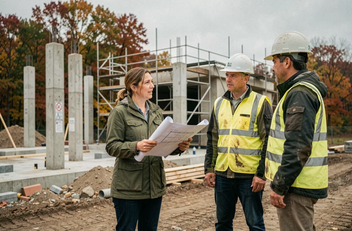 Leader féminin sur le terrain dirigeant des ouvriers lors d'un chantier de construction en extérieur