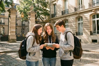 Élèves lycéens souriants dans la cour d'un lycée prestigieux en Île-de-France avec architecture parisienne classique