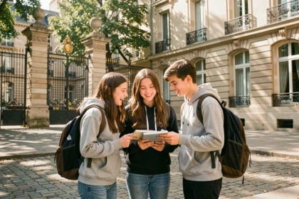Élèves lycéens souriants dans la cour d'un lycée prestigieux en Île-de-France avec architecture parisienne classique