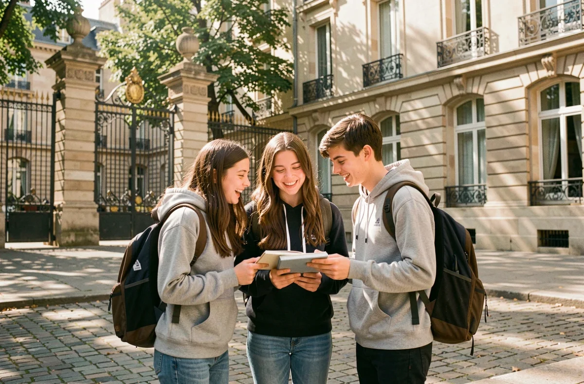 Élèves lycéens souriants dans la cour d'un lycée prestigieux en Île-de-France avec architecture parisienne classique