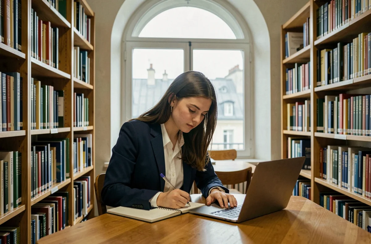 Lycéenne studieuse dans une bibliothèque d'un grand lycée parisien avec vue sur les toits de Paris