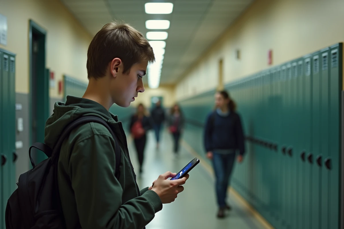 Lycéen consultant le portail Arena Versailles sur son smartphone dans un couloir d'établissement scolaire