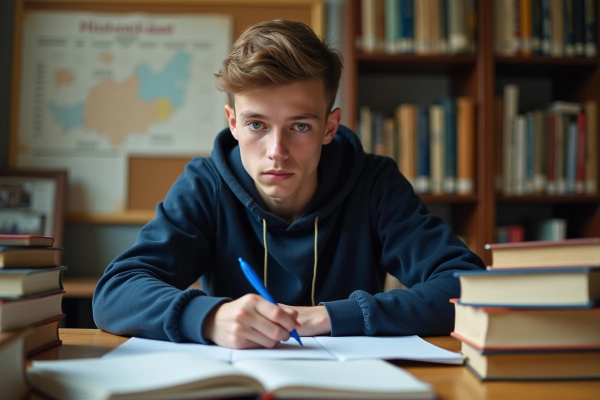 Lycéen concentré rédigeant une dissertation d'histoire sur une table encombrée de manuels scolaires et de notes manuscrites