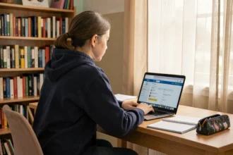 Lycéenne utilisant le portail ENT Normandie sur son ordinateur portable dans sa chambre pour consulter sa messagerie scolaire