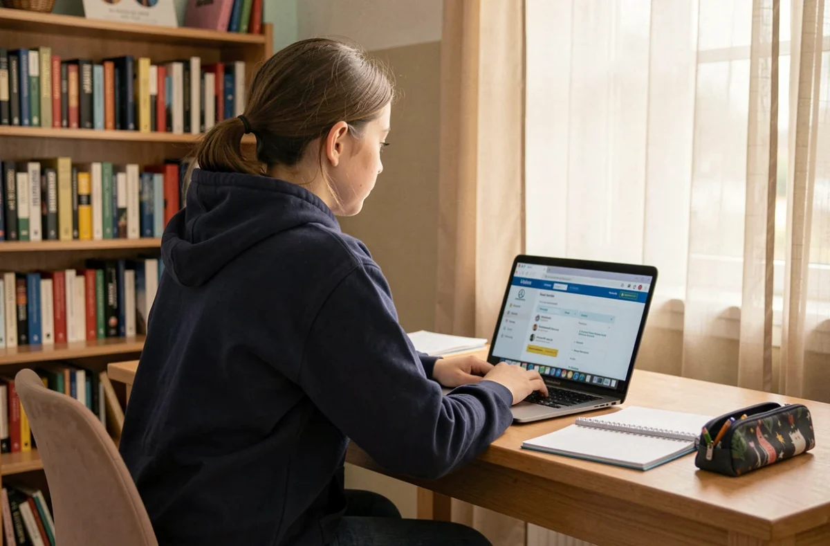 Lycéenne utilisant le portail ENT Normandie sur son ordinateur portable dans sa chambre pour consulter sa messagerie scolaire