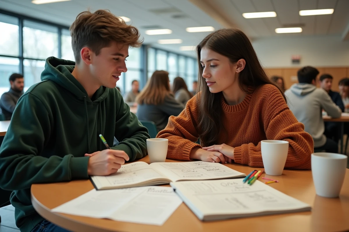 Deux lycéens STMG travaillant ensemble sur un tableau comparatif organisation publique et privée dans une cafétéria scolaire
