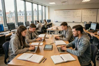 Étudiants en informatique collaborant dans une salle informatique moderne d'une université normande