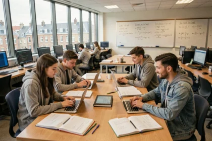 Étudiants en informatique collaborant dans une salle informatique moderne d'une université normande