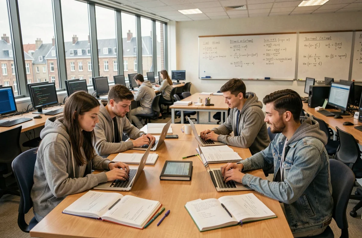 Étudiants en informatique collaborant dans une salle informatique moderne d'une université normande