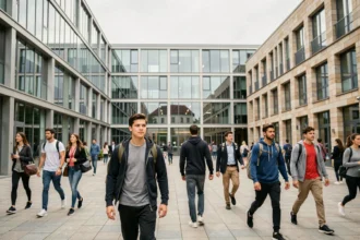 Vue d'ensemble d'un campus de formation moderne à Lyon avec des étudiants en mouvement dans une cour contemporaine