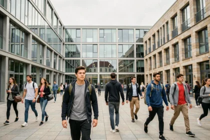 Vue d'ensemble d'un campus de formation moderne à Lyon avec des étudiants en mouvement dans une cour contemporaine