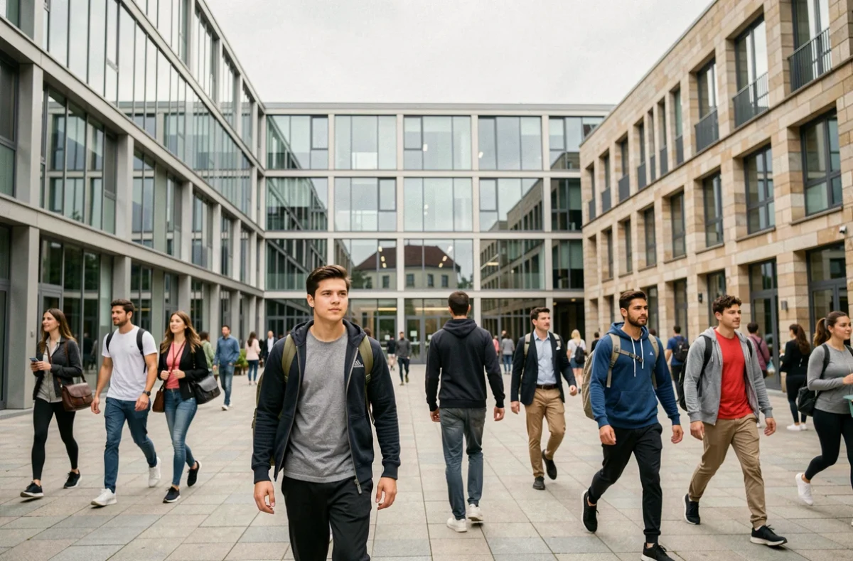 Vue d'ensemble d'un campus de formation moderne à Lyon avec des étudiants en mouvement dans une cour contemporaine