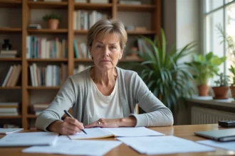 Mère de famille préparant les documents pour une réunion MDPH concernant la scolarisation de son enfant en Ulis ou SEGPA