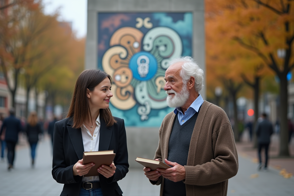 Jeune femme et homme devant un mural philosophique en ville