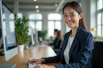 Nouvelle enseignante consultant l'intranet de l'académie d'Amiens sur un ordinateur de bureau dans un open space administratif